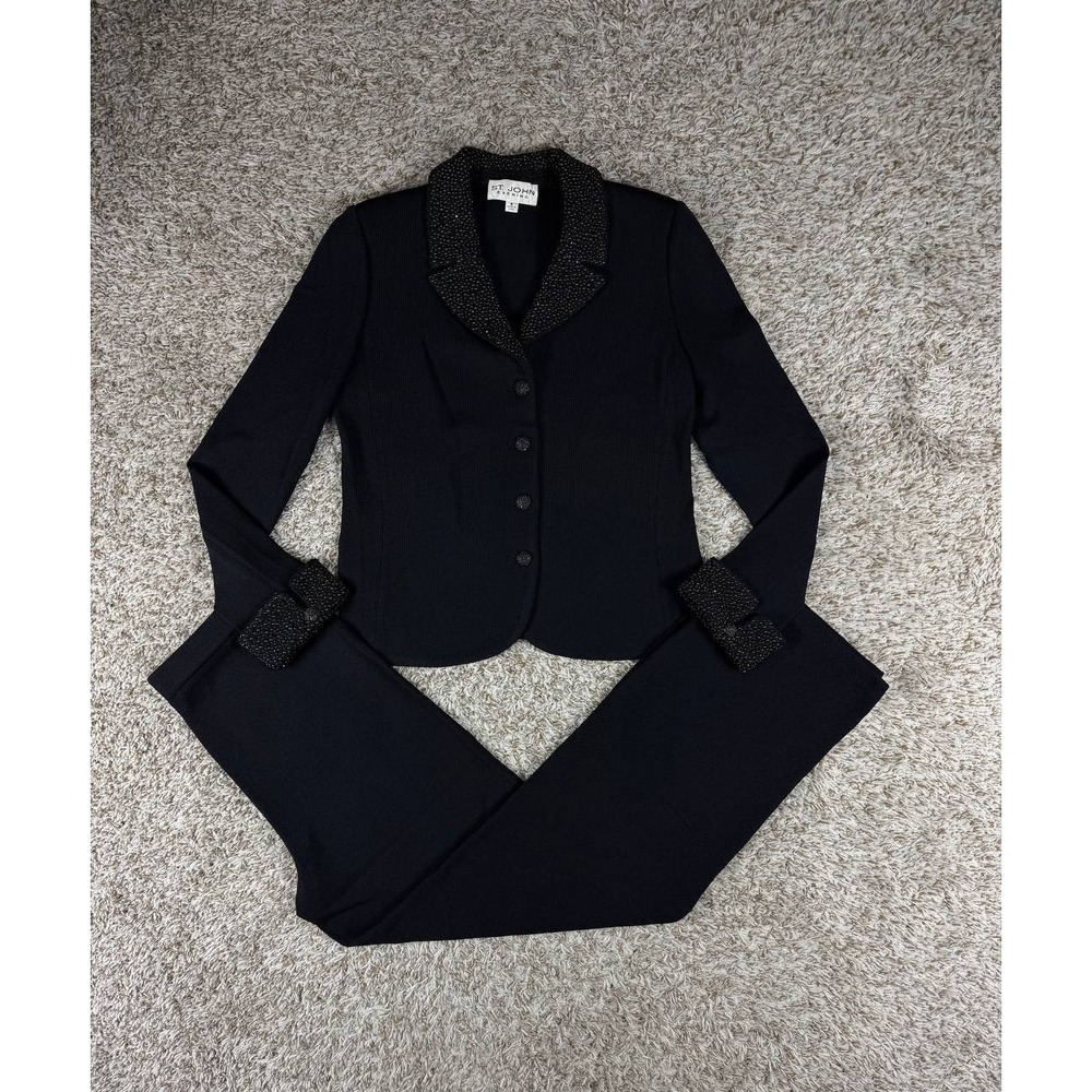 St. John Evening Beaded Santana Knit Pants Suit Set Black Women's Size 6 USA - Picture 1 of 16